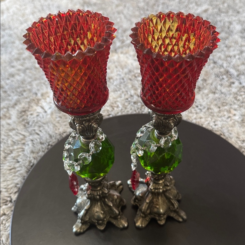 Hollywood‎ Regency Green Lucite 8" Candlestick Holders Candles Mid Century Pair - Picture 6 of 15